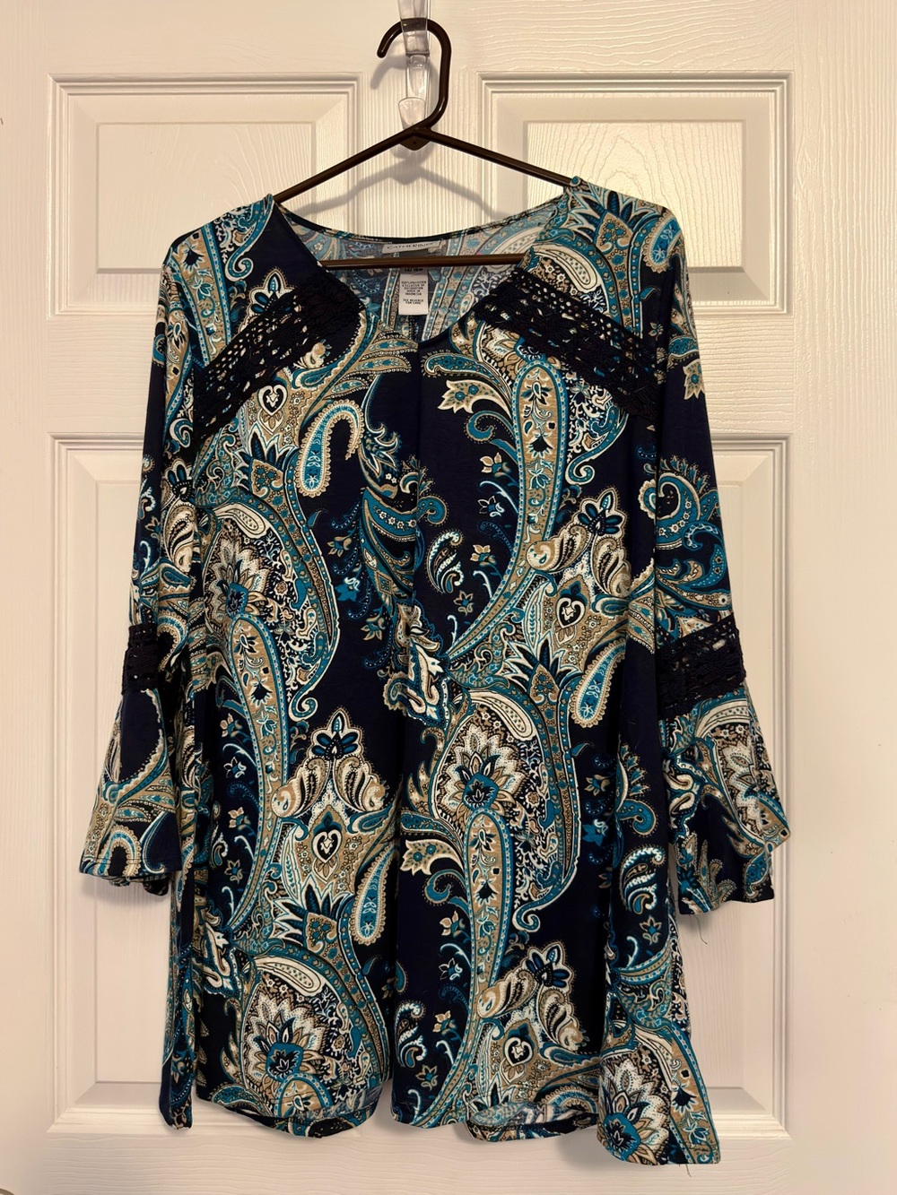 NWT Catherines 0X Paisley Tunic Blouse Crochet Lace Bell Sleeve